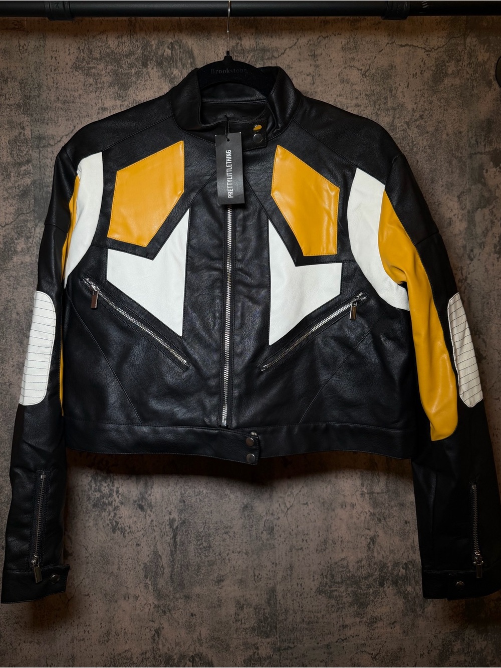 Women’s Black Leather Jacket with Yellow & White Panels